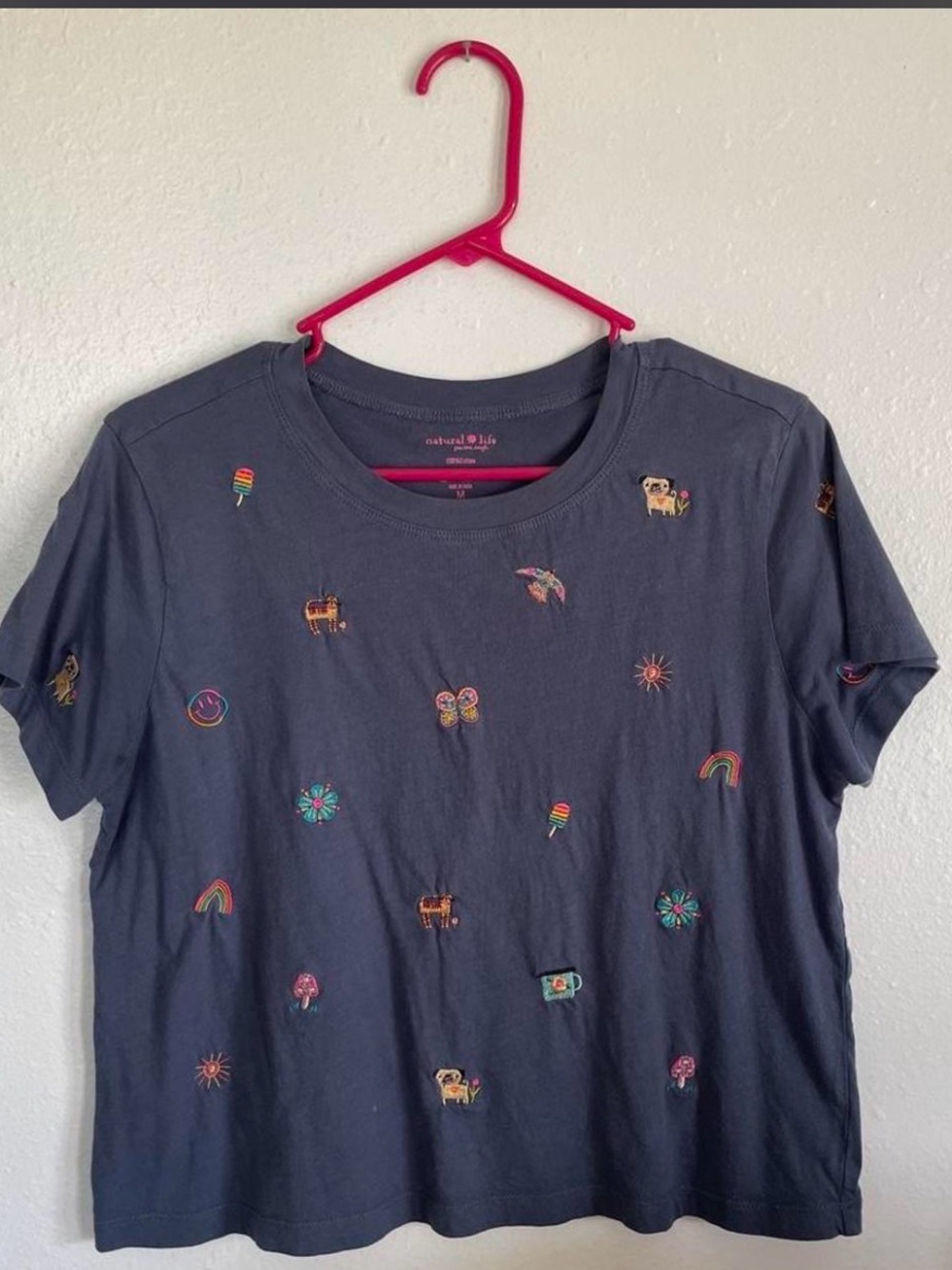 NATURAL LIFE Navy Short Sleeve Tee with Colorful Embroidered Icons